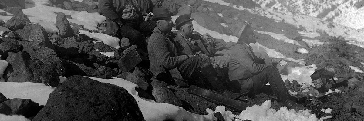 Cody's expedition to the North Rim of the Grand Canyon halted on this volcanic slope near Flagstaff to take a rest and enjoy the view in winter 1892. MS 6 William F. Cody Collection. P.69.1094 (detail)