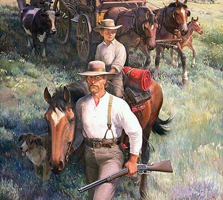 In the mid-1800s, many a family such as this one headed West for a new life. John Clymer (1907–1989), "The Homesteaders," 1969–1970, oil on canvas, 120.25 x 60.25 inches. Gift of Winchester-Western Division, Olin Corporation. 25.70