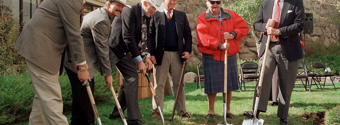Left to right: Byron Price, Charles R. Preston, Alan K. Simpson, Colin Marshall, Nancy-Carroll Draper, and Willis McDonald IV breaking ground for the Draper Natural History Museum, 2000.