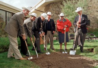 Left to right: Byron Price, Charles R. Preston, Alan K. Simpson, Colin Marshall, Nancy-Carroll Draper, and Willis McDonald IV at the groundbreaking for the Draper Natural History Museum, 2000.