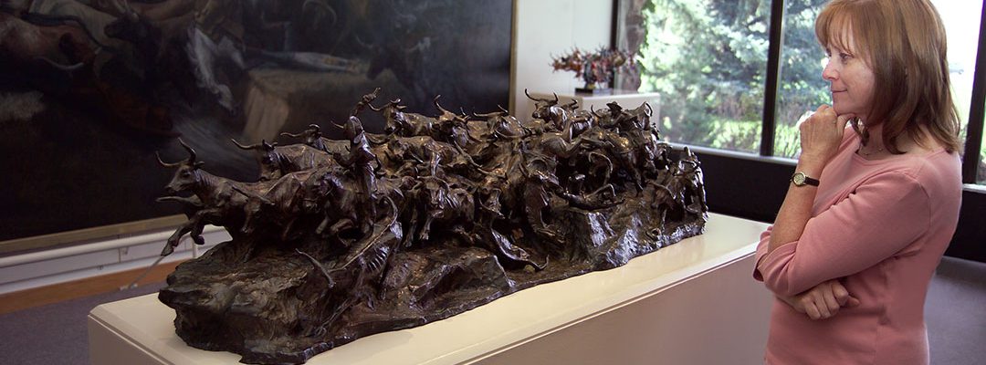 Story author Marguerite House reminisces about the first time she saw the work of Harry Jackson, including both the painting and sculpture of "Stampede," as a seventh-grade art student. Harry Jackson (b. 1924), "Stampede," 1965, oil on canvas, 111.25 x 245.75 inches, Gift of The Coe Foundation, 29.65; and "Stampede," 1959, 15 x 56 inches, Gift of The Coe Foundation, 52.72