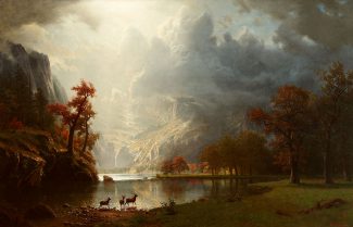 Albert Bierstadt (American, born Germany, 1830 – 1902). Sierra Nevada Morning, 1870. Oil on canvas, 71.125 x 101 inches. Gilcrease Museum, Tulsa, Oklahoma. Gift of the Thomas Gilcrease Foundation, 1955. 0126.2305