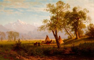 Albert Bierstadt (American, b. Germany, 1830 – 1902). Wind River Mountains, Nebraska Territory, 1862. Oil on board, 12 x 18.5 inches. (30.48 x 46.99 cm). Layton Art Collection, Inc. at the Milwaukee Art Museum, Milwaukee, Wisconsin. L1897.3. Photographer credit: Larry Sanders.