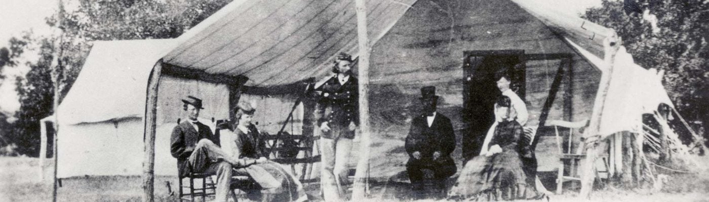 George Armstrong Custer (standing), Libby Custer (second from left) and others on Big Creek, Hays, Kansas, 1867. MS 71 Vincent Mercaldo Collection, McCracken Research Library. P.71.277