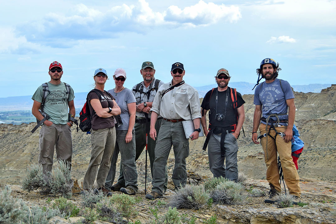 Members of the research team (L-R): Nate Horton, Bonnie Smith, Melissa Hill, Richard Jones, project director Charles Preston, BLM wildlife biologist Destin Harrell, and Nick Ciaravella. Moosejaw Bravo Photography.