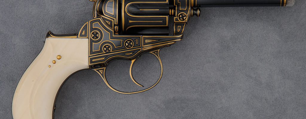 Colt Model 1877 Thunderer double-action revolver, embellished by Robert Wielgus, 2004–2006. Gift of Raymond J. Wielgus. 2010.17.36.1
