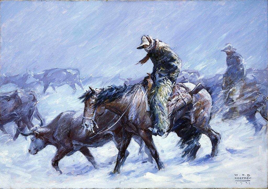 W.H.D. Koerner (1878-1938). "Hard Winter, The Snow Eddied And Whirled About The Men. They Were Muffled to the Eyes by Their Neck Scarfs. Night Had Descended By The Time They Returned To The Ranch House," 1932. Oil on canvas, 29 x 41.125 inches. 23.77