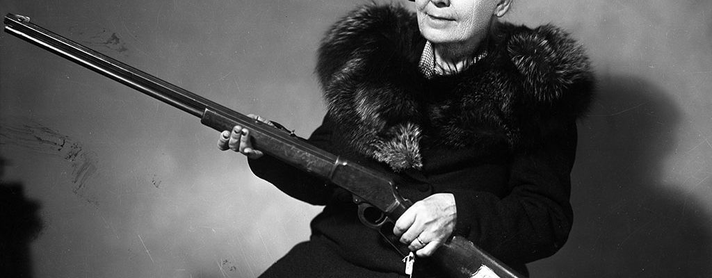 A Treasure from Our West: Photograph, Mary Jester Allen with Frank Butler's rifle, ca. 1950. MS 228 Buffalo Bill Museum Photographs Collection. PN.228.202