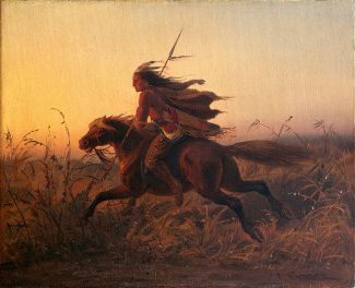 Wimar's style was romantic and theatrical, unlike Fritz's more realistic technique. Carl Wimar (1828–1862). "On Pursuit," ca. 1850–1860. Oil on canvas, 12.75 x 15.5 inches. Gift of Mr. and Mrs. W.D. Weiss. 13.98.2