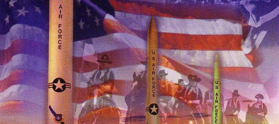 Several of America's nuclear missiles, left to right, Atlas, Minuteman, and Peacekeeper, are portrayed in this Air force image superimposed on photos of western cavalrymen, clearly linking the Atomic West to the Old West. All three, like the cavalry, were spread across the western states. Photo courtesy F.E. Warren Air Force Base, Cheyenne, Wyoming.