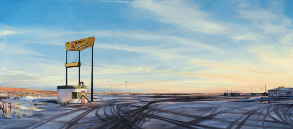 Don Stinson (b. 1956). I-80 Energy Romance, 2013. Oil on linen, 28 x 64 inches. Gift of The Alexander Bodini Foundation, in memory of Alexander Bodini. 15.13