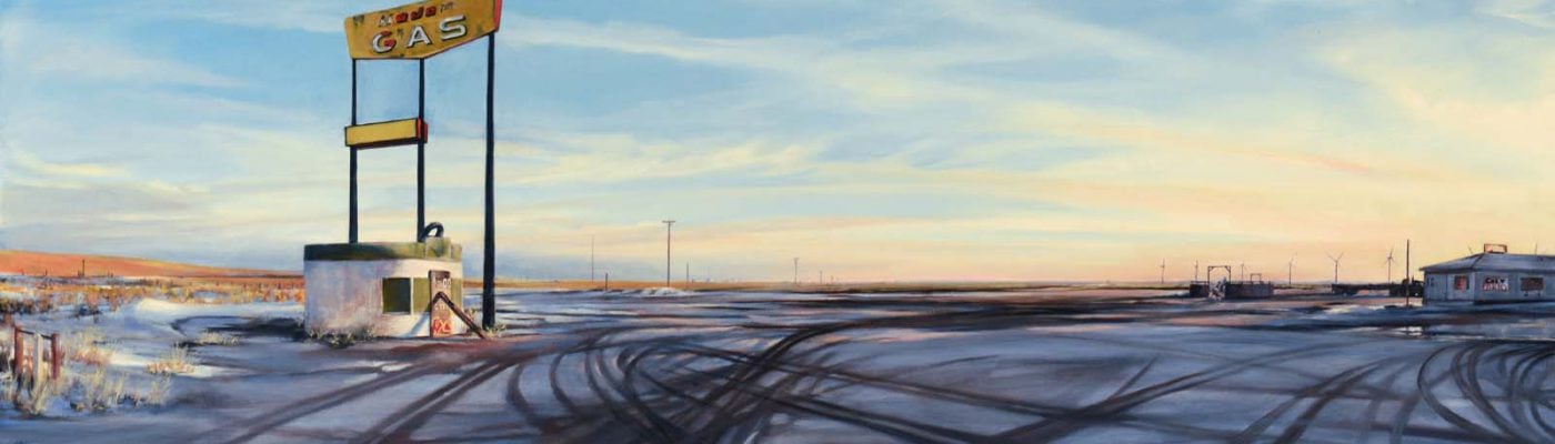 Don Stinson (b. 1956). I-80 Energy Romance, 2013. Oil on linen, 28 x 64 inches. Gift of The Alexander Bodini Foundation, in memory of Alexander Bodini. 15.13 (detail)