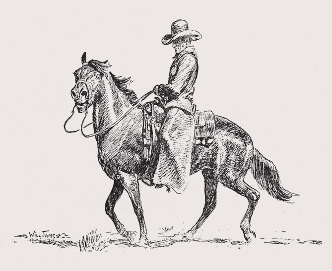 A cowboy sketch from the Will James book, "Smoky." James ended his last book, "The American Cowboy," with the words, "The cowboy will never die." Willis McDonald IV Collection.