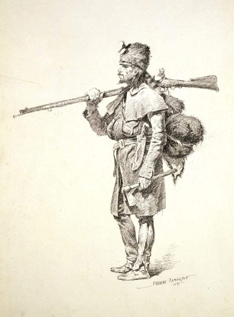 This sketch, one of an estimated three thousand flatworks created by Remington, appeared as an illustration in Harper's Monthly, February 1892. "Courrier du Bois (French Trapper)," 1891. Pen and ink on paper. Gift of Vain and Harry Fish Foundation, Inc. In Memory of Vain and Harry Fish. 61.72