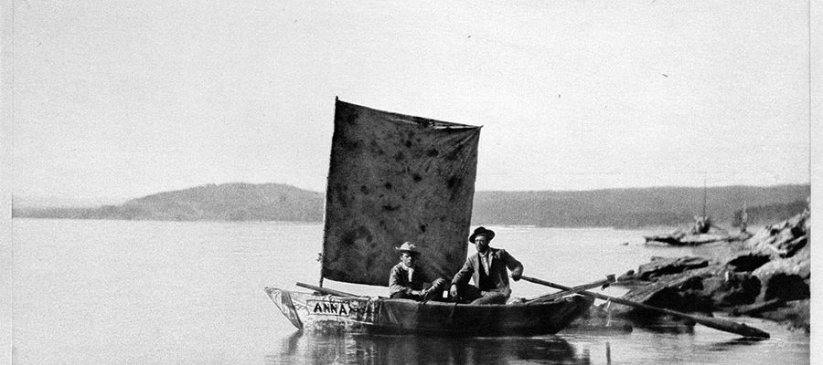 Albertype of William Henry Jackson photo of "1st boat on Yellowstone Lake." U.S. Geological Survey of the Territories, 1871. Platte XXXV11. From the collection of Dr. Robert Enteen. WHJ-A.040