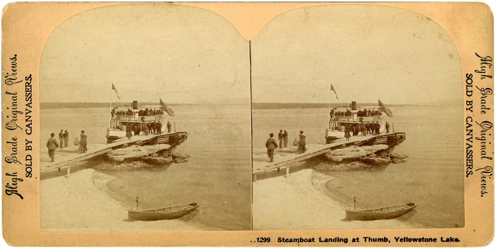 Stereocard of Waters’s steamboat The Zillah. (ST.21.77) MS 21, Yellowstone National Park Collection, McCracken Research Library, Buffalo Bill Center of the West.