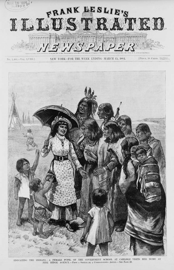 A female student from the Carlisle School visits her home at the Pine Ridge Agency in South Dakota. Sketch by correspondent dated 1884. Library of Congress Prints and Photographs Division, Washington, D.C. 20540. LC-USZ62-100543