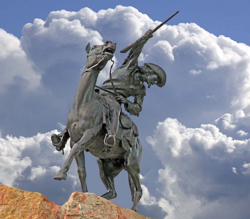 Events in Cody honoring Buffalo Bill’s birthday include the Buffalo Bill Birthday Ball February 23, a free day at the Center of the West February 24, and the Cody High School FFA’s annual wreath-laying ceremony at Gertrude Vanderbilt Whitney’s iconic Scout sculpture (3.58). Photo by David Peters.