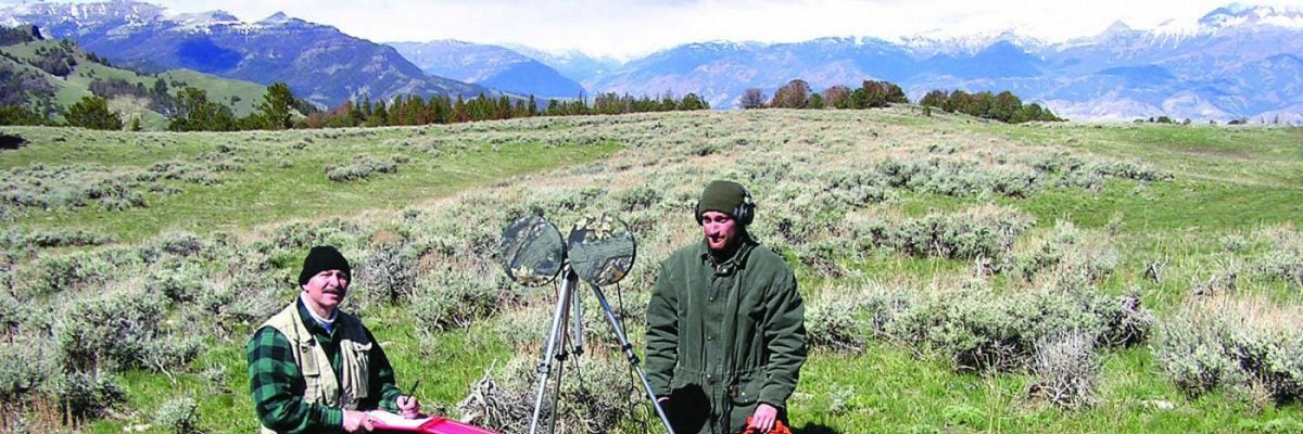 The author (left) and Draper Museum/Northwest College intern Ronnie Hegemann record breeding birds on Carter Mountain near Cody in 2004. Greater Yellowstone Sights and Sounds Archive photo.