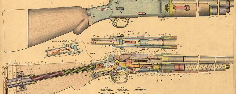 Design drawing, 16 ga. repeating shotgun, right view and cutaway, showing all parts. 8-16-1900. MS 063 Winchester Repeating Arms Company Collection. Olin Corporation Charitable Trust. MS63.119.053
