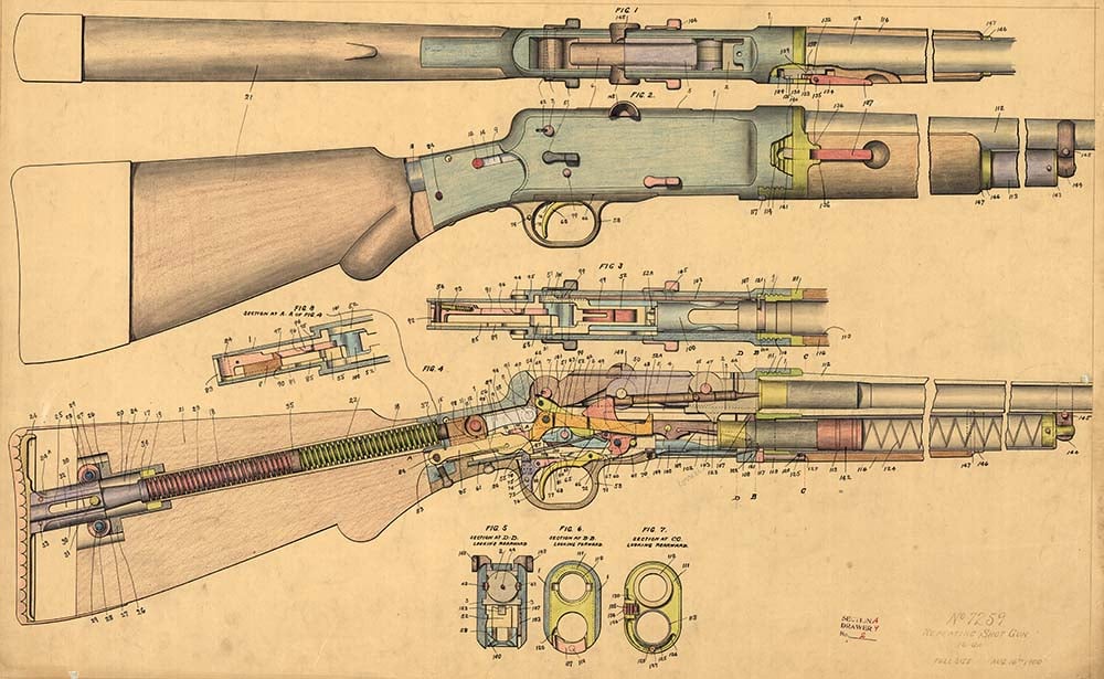 Design drawing, 16 ga. repeating shotgun, right view and cutaway, showing all parts. 8-16-1900. MS 063 Winchester Repeating Arms Company Collection. Olin Corporation Charitable Trust. MS63.119.053