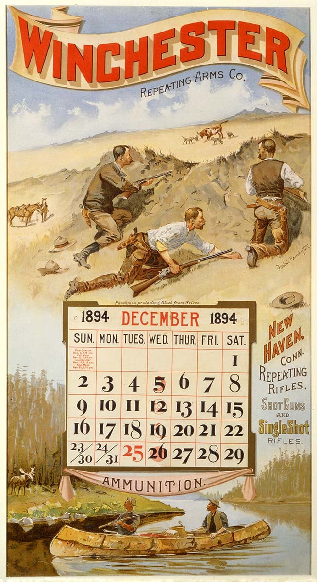 Ranchmen Protecting Stock from Wolves and A Surprise Party by Frederic Remington, 1894 Winchester calendar. Gift of Olin Corporation, Winchester Collection. 1988.8.2897