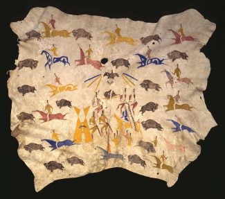 Fig. 1: Cadzi-Codsiogo, painted hide, Eastern Shoshone, ca. 1900. Tanned cow hide and pigment. Museum Purchase, Mary Jester Allen Collection. NA.702.31