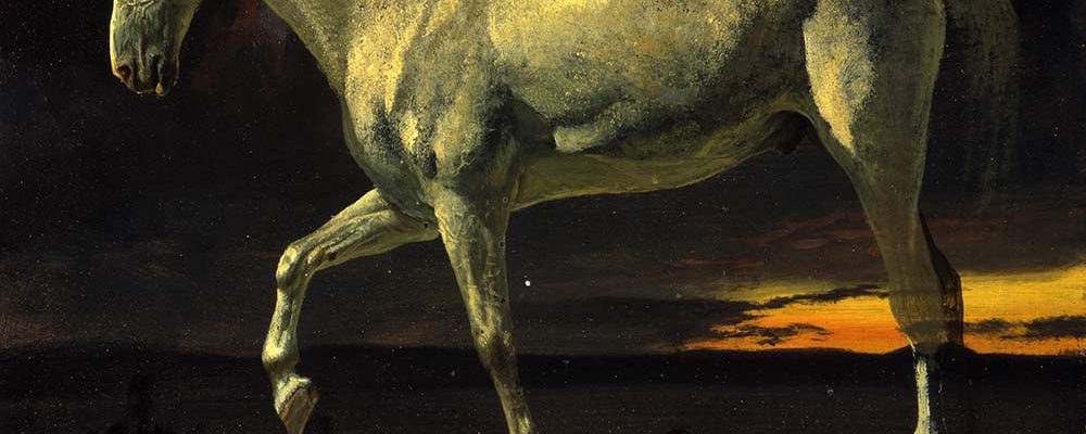 Albert Bierstadt (1830-1902), White Horse and Sunset, 1863. Oil on board. Gift of Carman H. Messmore. 2.62