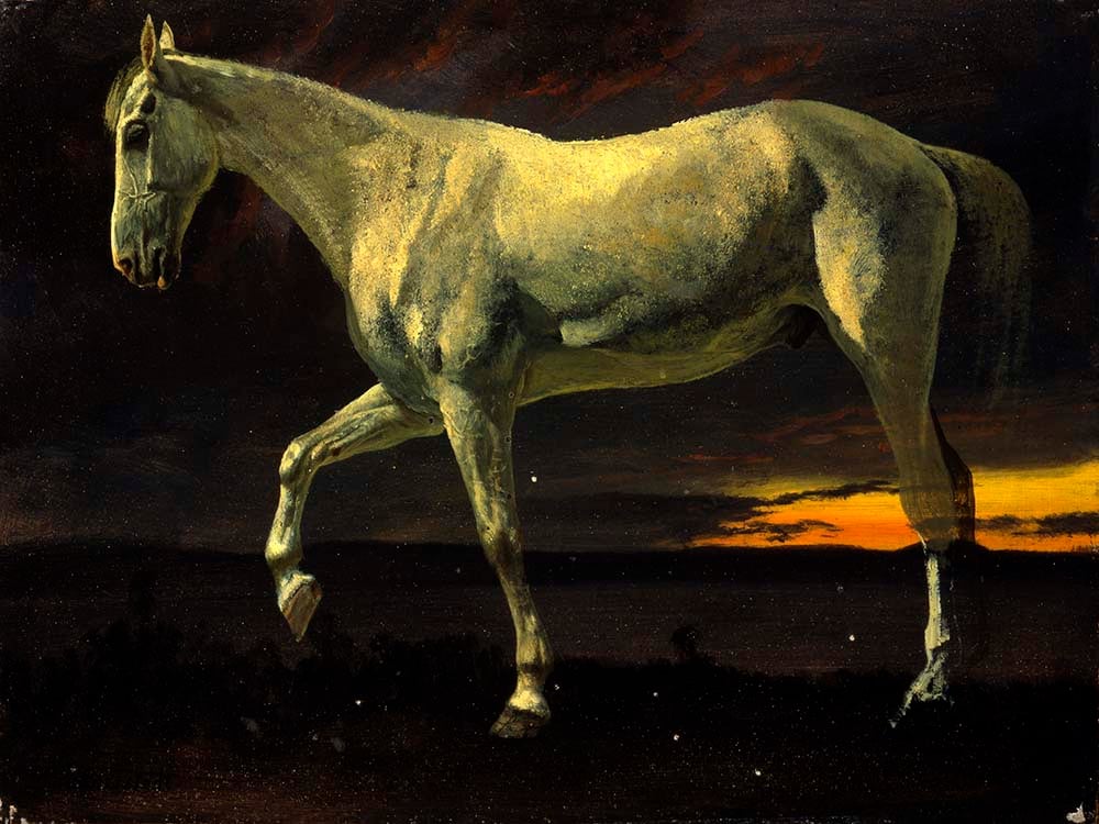 Albert Bierstadt (1830-1902), White Horse and Sunset, 1863. Oil on board. Gift of Carman H. Messmore. 2.62