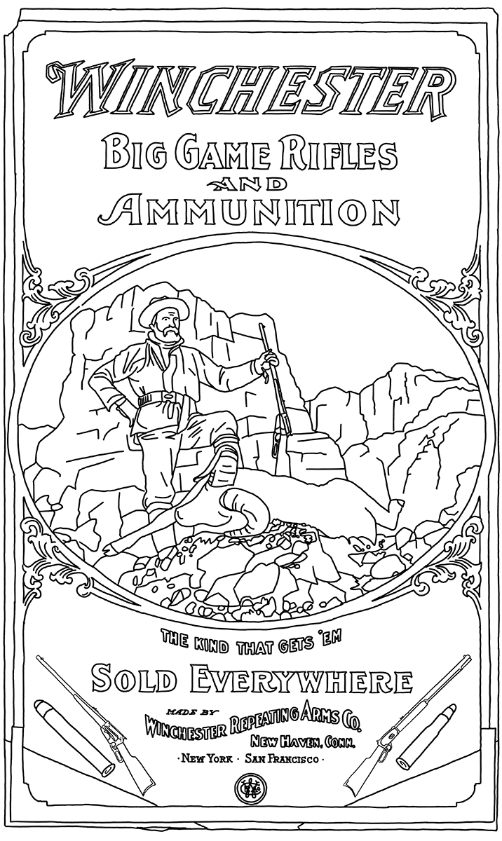 Cody Firearms Museum coloring book page, 1904 Winchester poster. 1988.8.2900