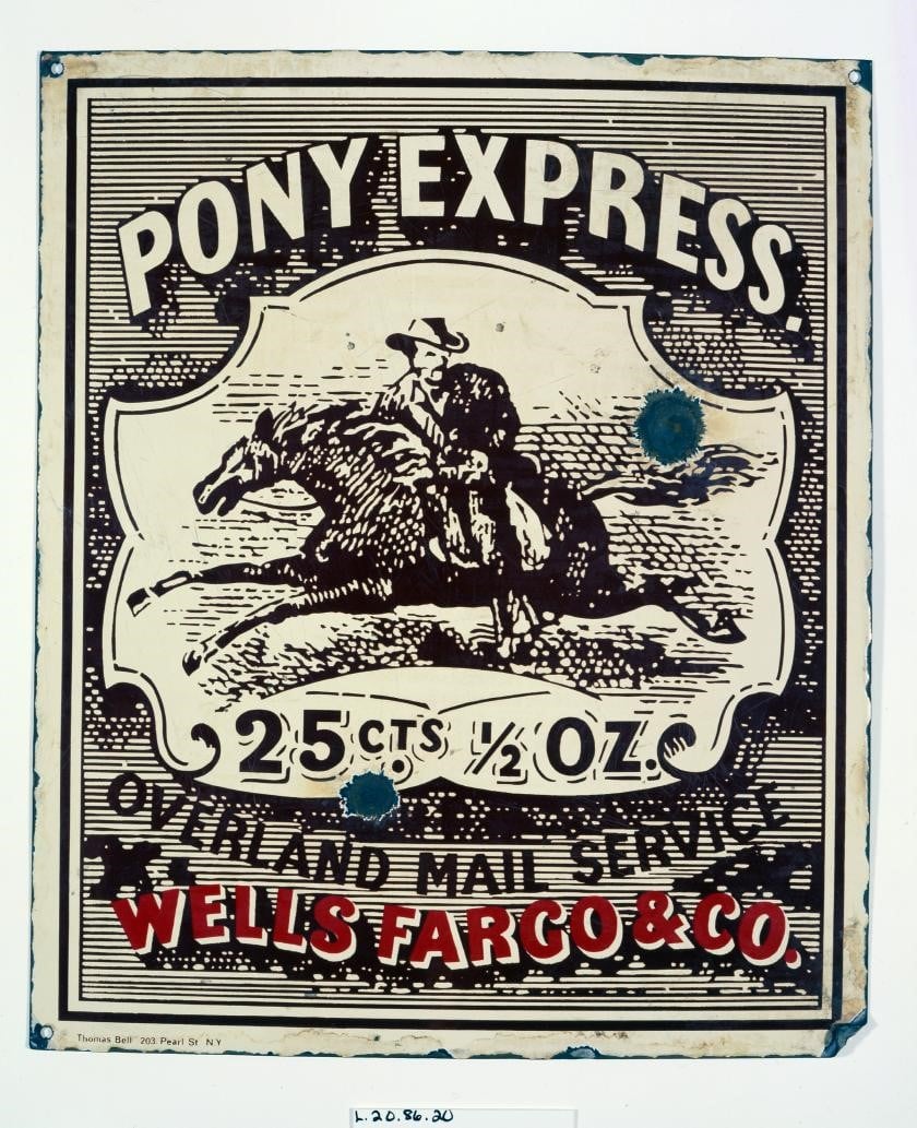 Enamel steel sign with image of Pony Express Rider, reproduction of Pony Express stamp image, 1.69.5652.3