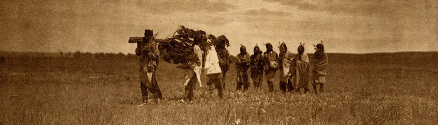 "Bringing the Cedar - Arikara." Photogravure facing page 82, from Edward S. Curtis' The North American Indian, Vol. 5, 1909. Call number RB TR647.C87 1909. McCracken Research Library.