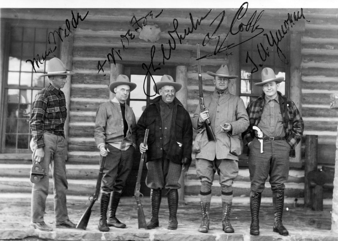 Left to right: Max Wilde, D.W. DeFoe, J. L. Wheeler, Ty Cobb, Tom Yawkey. Max Wilde was the guide, DeFoe and Wheeler were clients, Cobb was also a client but a baseball superstar and member of the Baseball Hall of Fame. Tom Yawkey was owner of the Boston Red Sox. MS 6 William F. Cody Collection, McCracken Research Library. P.69.609