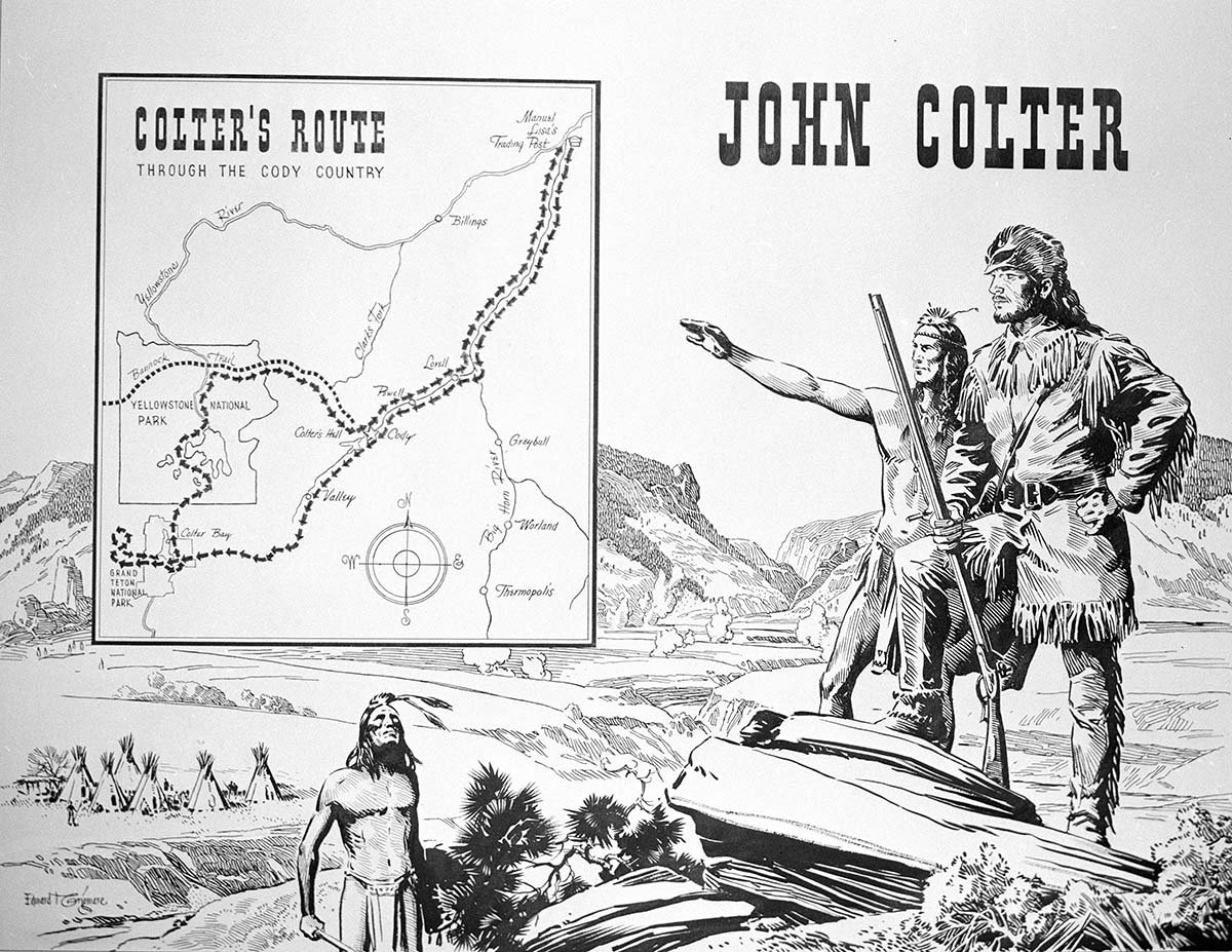 Cody artist Ed Grigware (1889-1960) sketched this map of John Colter's travels in Cody Country. MS 089 Jack Richard Photograph Collection, McCracken Research Library. PN.89.18.3085.20