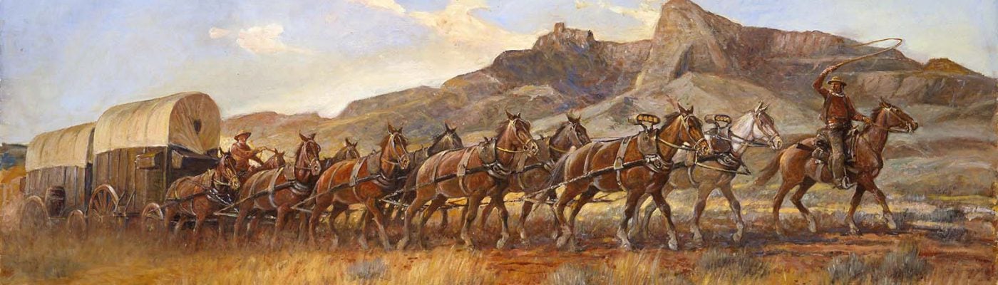 Heart Mountain has always been a landmark to travelers in the Cody area. Nick Eggenhofer (1897-1985). "Wyoming String Team c. 1880," 1966. Oil on canvas. Museum purchase. 2.66 (detail)