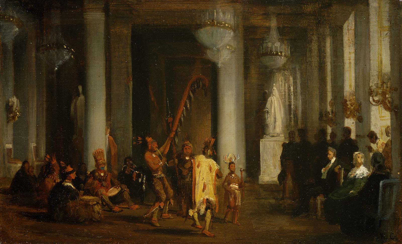 Karl Girardet (1813-1871). "Iowa Indians Performing their Dance before the King in the Galerie de la Paix at the Tuileries Palace (April 21, 1845)." Oil on board. William E. Weiss Memorial Fund Purchase. 1.91