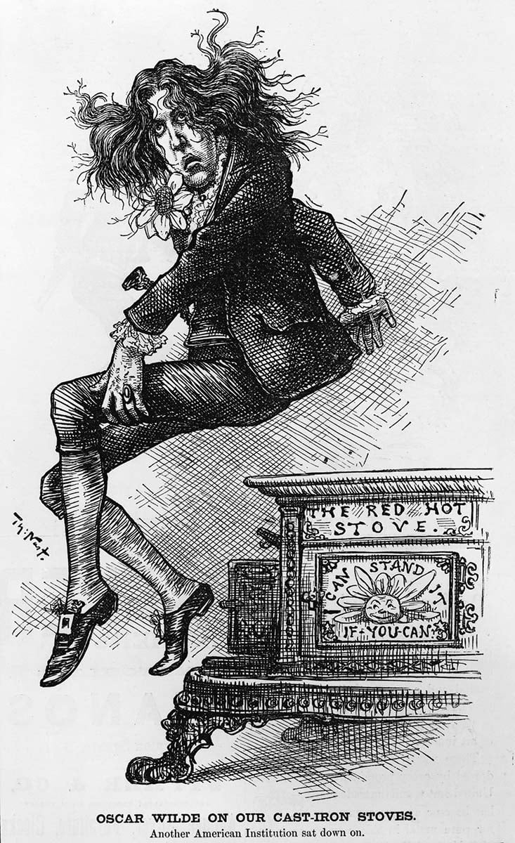 Thomas Nast (1840-1902). A cartoon from "Harper's Weekly," September 9, 1882, depicting Oscar Wilde alighting from a hot stove. Library of Congress Prints and Photographs Division Washington, D.C. 20540 USA. LC-USZ62-109579