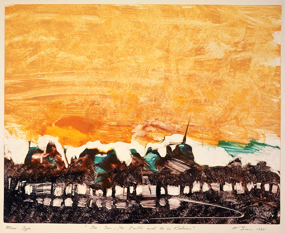 Earl Biss, "The Sun, The Earth, and Us in Between," 1989. Monotype, 20 x 16 inches. Gift of Patricia Ann Prince, in loving memory of her husband, Walter Duquesne Prince, 1943-2006. 4.07.3