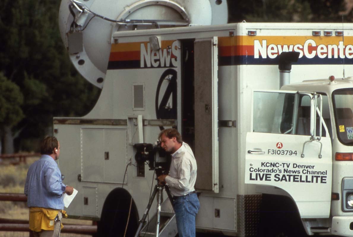 Media played a key role in what the public believed about the 1988 Yellowstone fires. Denver's News Center Live satellite truck filming a report from Mammoth. National Park Service photo by Janet Ellis.