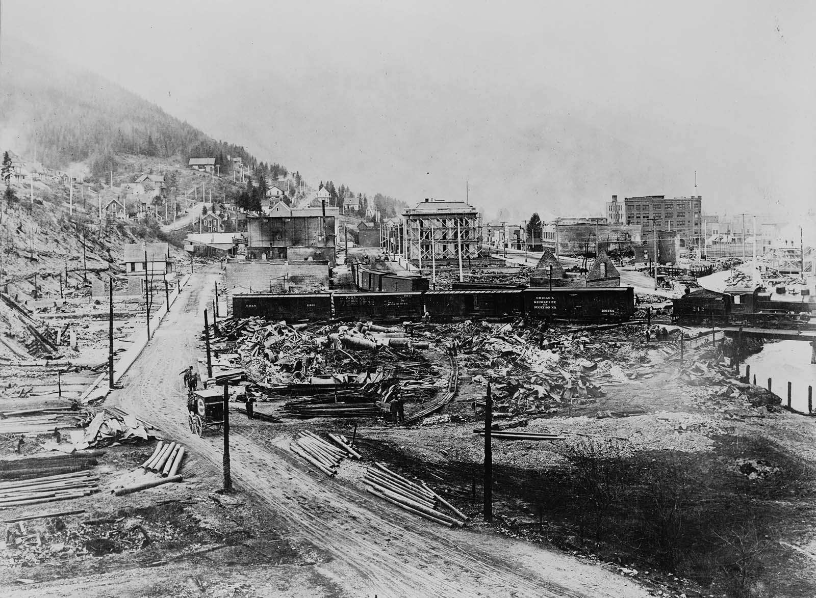 A 1915 photo of what was left of Wallace, Idaho, after the 1910 Big Blowup wildfire. Library of Congress Prints and Photographs Division, Washington, D.C. 20540. LC-USZ62-100916