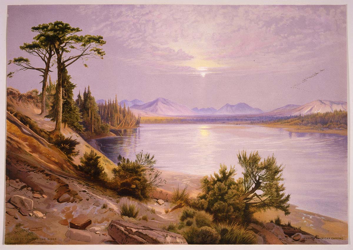 For Americans, Yellowstone was the idyllic frontier. Thomas Moran (1837-1926). "Head of the Yellowstone River," 1875. Louis Prang chromolithograph. Gift of Clara S. Peck. 18.71.7