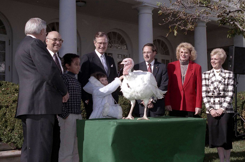 President George W. Bush pardoning a turkey demonstrates the first time a  turkey was officially pardoned.  