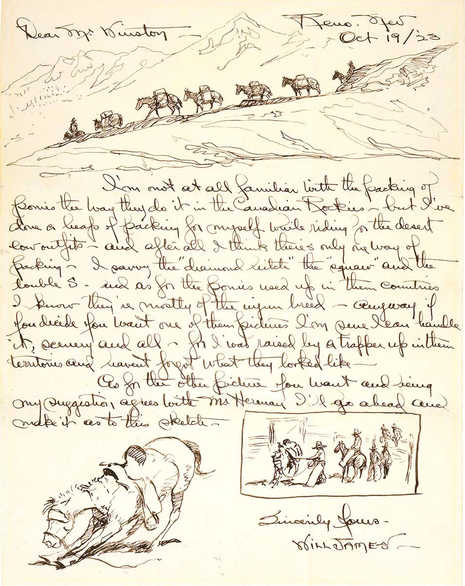 Taking a cue from Charlie Russell, James regularly illustrated his correspondence such as this "Letter to Mr. Winston, October 19, 1923." Pen and ink drawing. Gift of Joseph M. Roebling. 4.70