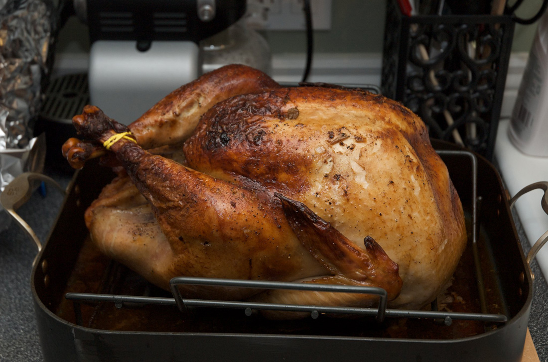 A roasted turkey just out of the oven. 