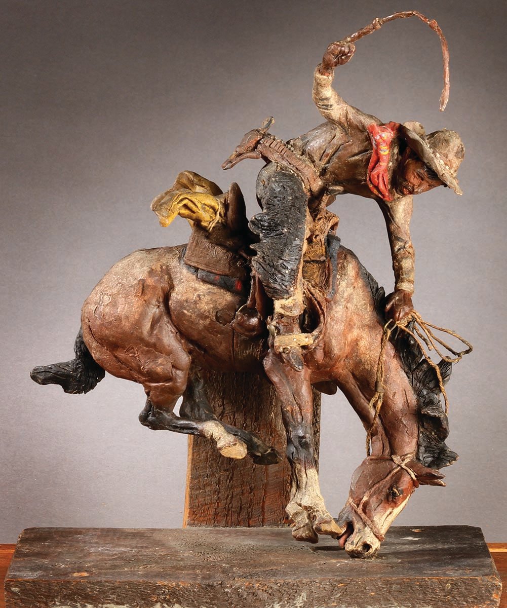 Fig. 1: Charles M. "Charlie" Russell (1864-1926). "Bronc on a Frosty Morn," ca. 1897. Painted wax. 13.125 x 10.375 x 6.25 inches. Gift of William E. Weiss. 9.68