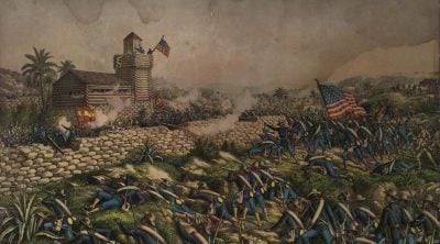 Lithograph, 1899: "Charge of the 24th and 25th Colored Infantry and Rescue of Rough Riders at San Juan Hill," July 2, 1898. Copyrighted 1899 by Kunz & Allison, 267-269 Wabash Ave., Chicago. 1.69.5750