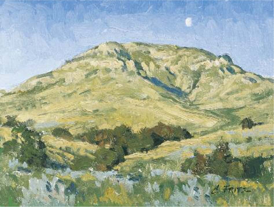 Fritz often worked en plein air, or out of doors, at a particular site. He wanted to capture the seasons, colors, and moods of the landscape just as described in the journals of the Corps of Discovery. Charles Fritz (b. 1955). "Prairie Moonrise," 1999. Oil on canvas, 6 x 8 inches. Collection of Timothy Peterson.