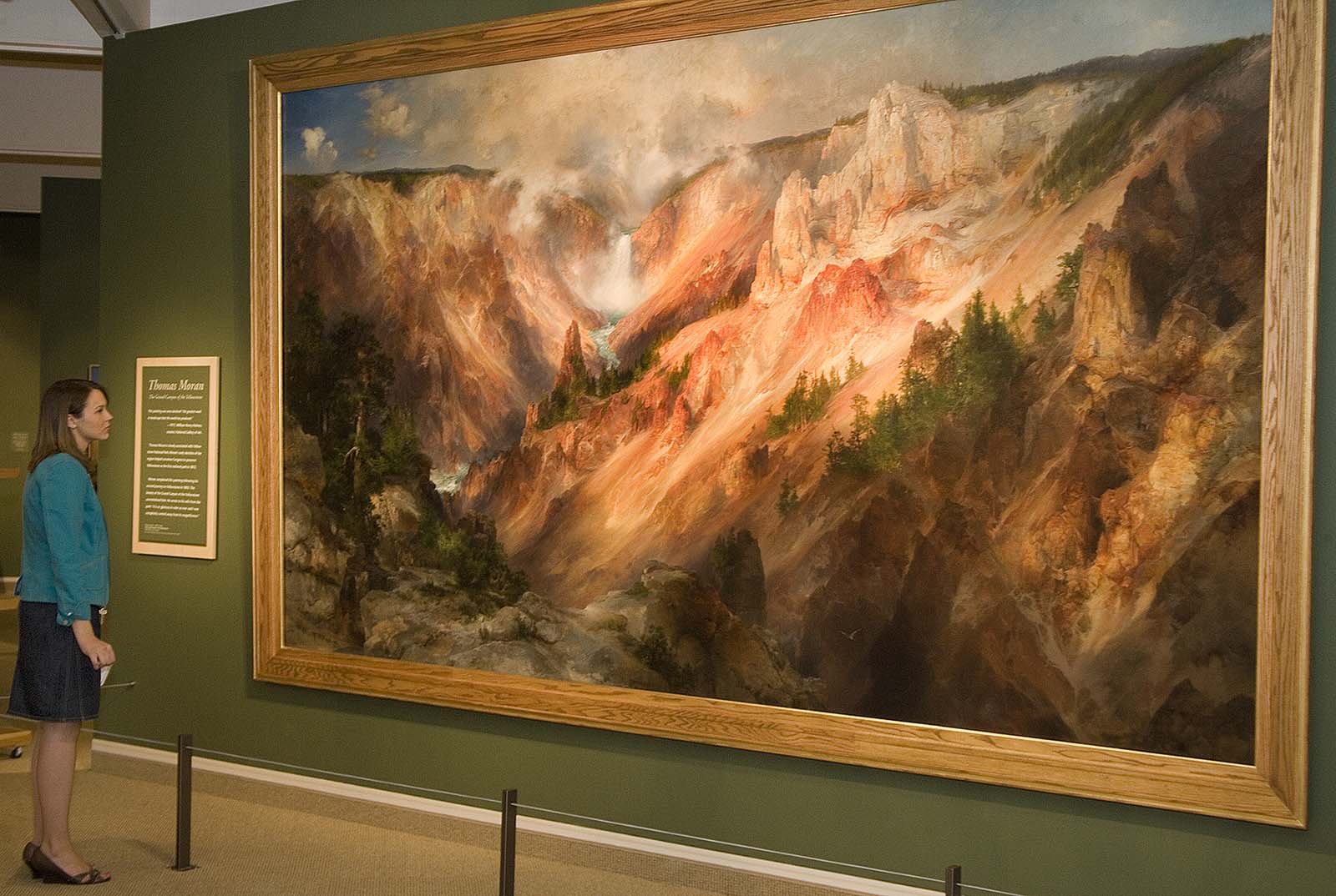 The author with her own "sense of wonder" at Thomas Moran's (1837-1926) "The Grand Canyon of the Yellowstone," 1893-1901, an eight feet high and fourteen feet long masterpiece, which was on display at the Center June through October 2009. Oil on canvas, 96.5 x 168.375 inches. Smithsonian American Art Museum. Gift of George D. Pratt. 1928.7.1