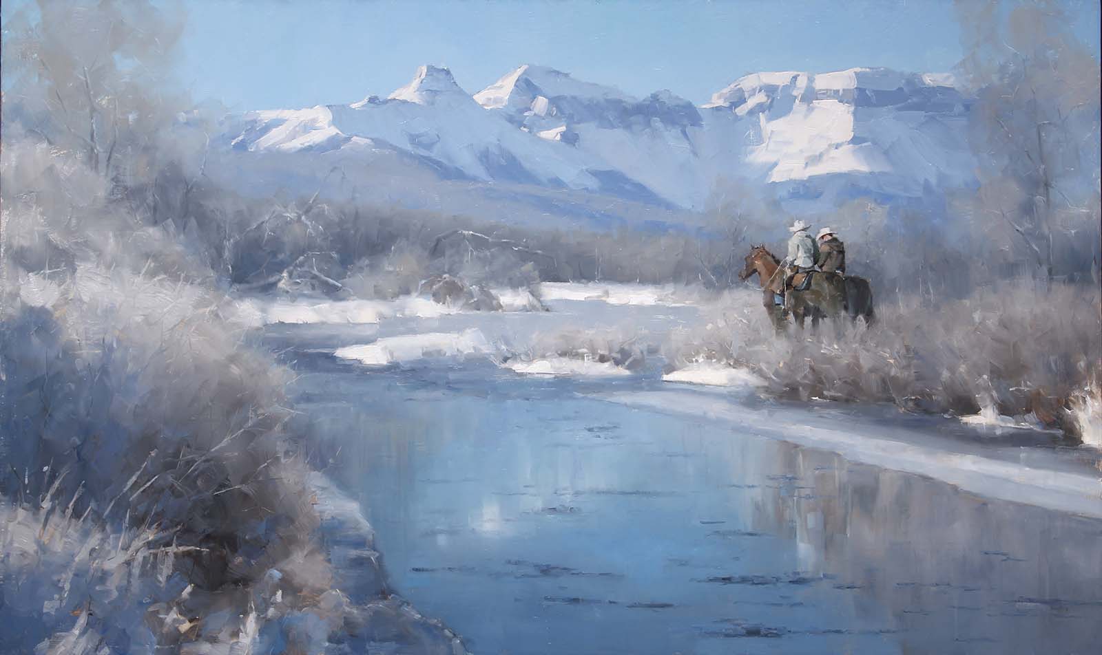 "Spring Thaw" by David Santillanes, Oil, 24 x 40 inches. Buffalo Bill Art Show & Sale, 2022.
