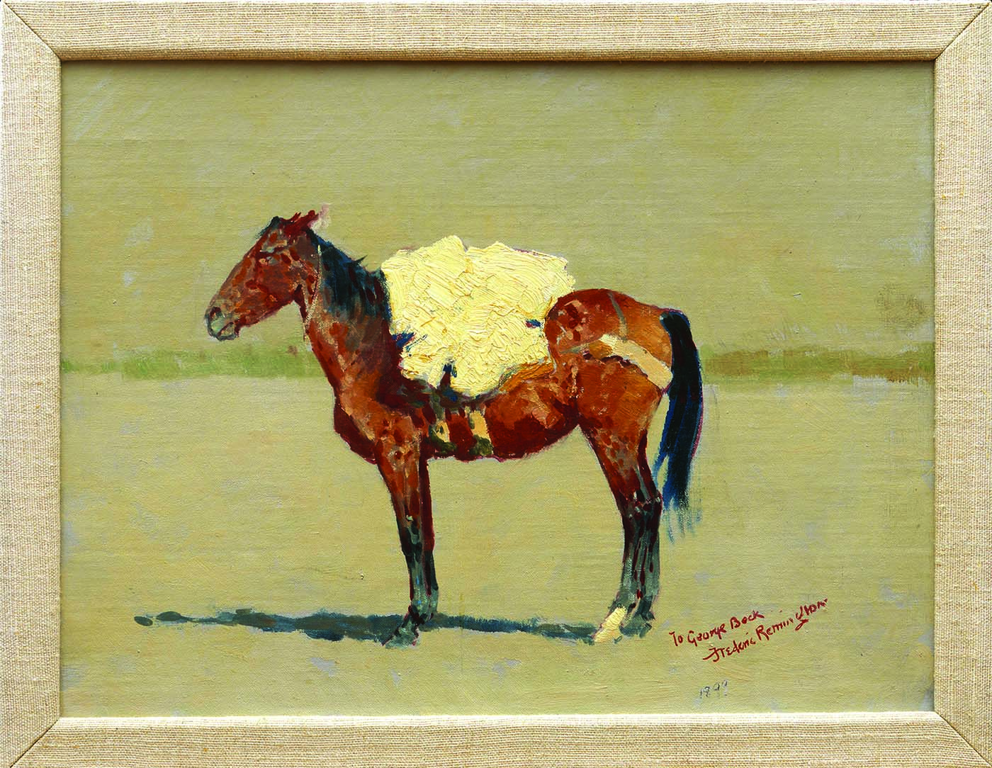 Frederic Remington (1861-1909). "Unhaltered Packhorse," 1899. Oil on canvas. Gift in fond memory of our dear parents, the Honorable Milward Lee and Lorna Kooi Simpson, from their devoted sons, Dr. Peter Kooi Simpson and Sen. Alan Kooi Simpson. 21.98.1